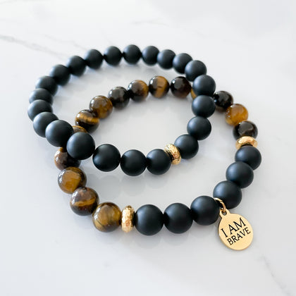 brave crystal bracelet with tiger's eye and black onyx and the I am brave gold charm