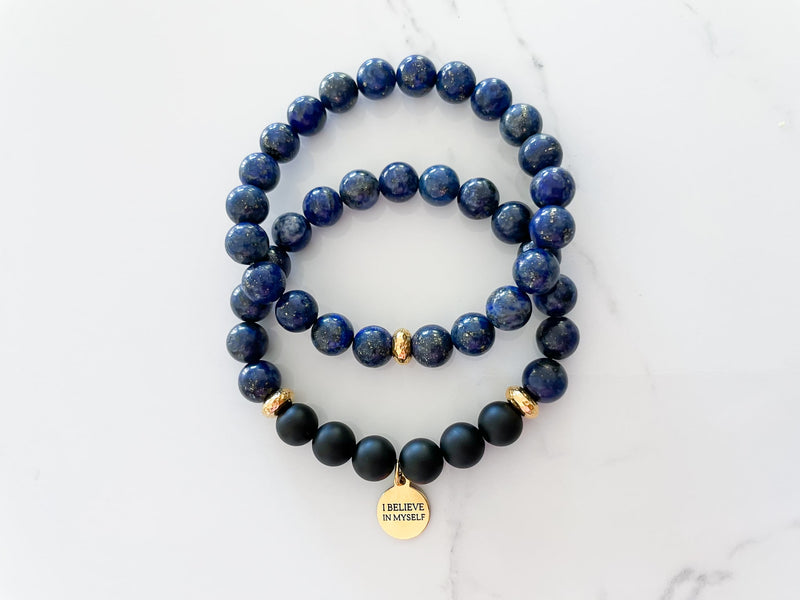 believe bracelet two piece set with a solid lapis lazuli bracelet to match and create a meaningful fashion accessory