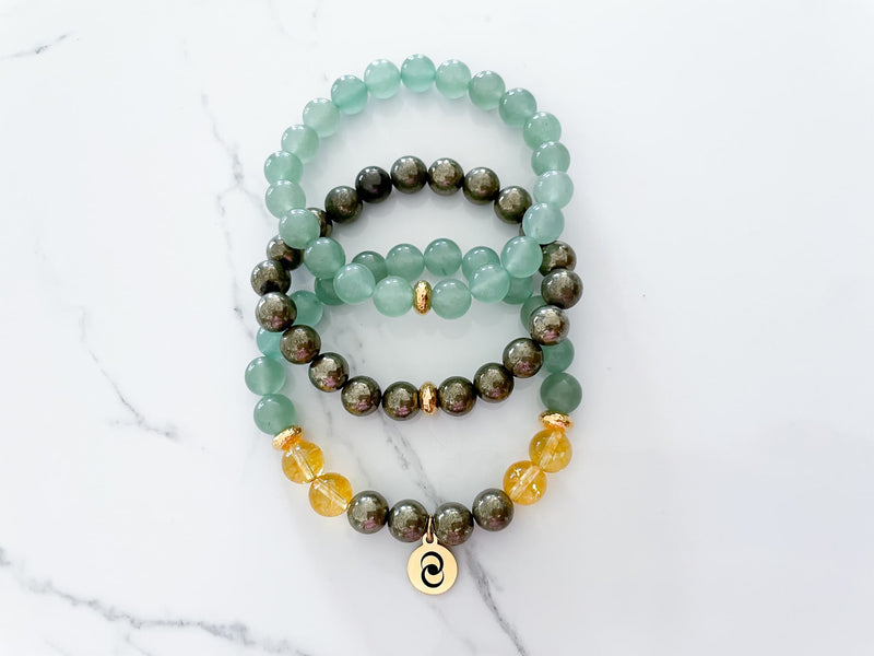 money bracelet triple stack with pyrite and aventurine